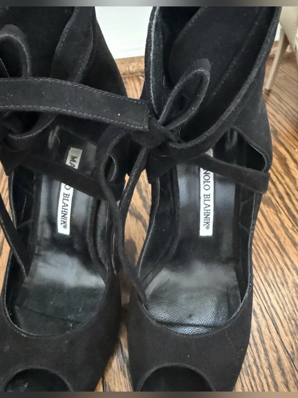 Manolo Blahnik Black Suede Peep-Toe Tie Ankle Heels